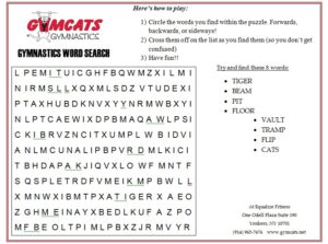 Gymnastics-themed word search puzzle for kids.