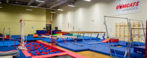 A gym with several different types of gymnastics equipment.