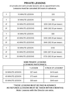 A table with several different lessons and prices.